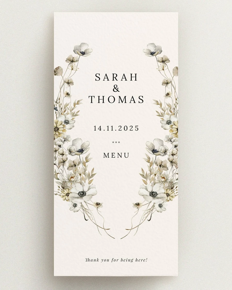 Carte menu de mariage élégante